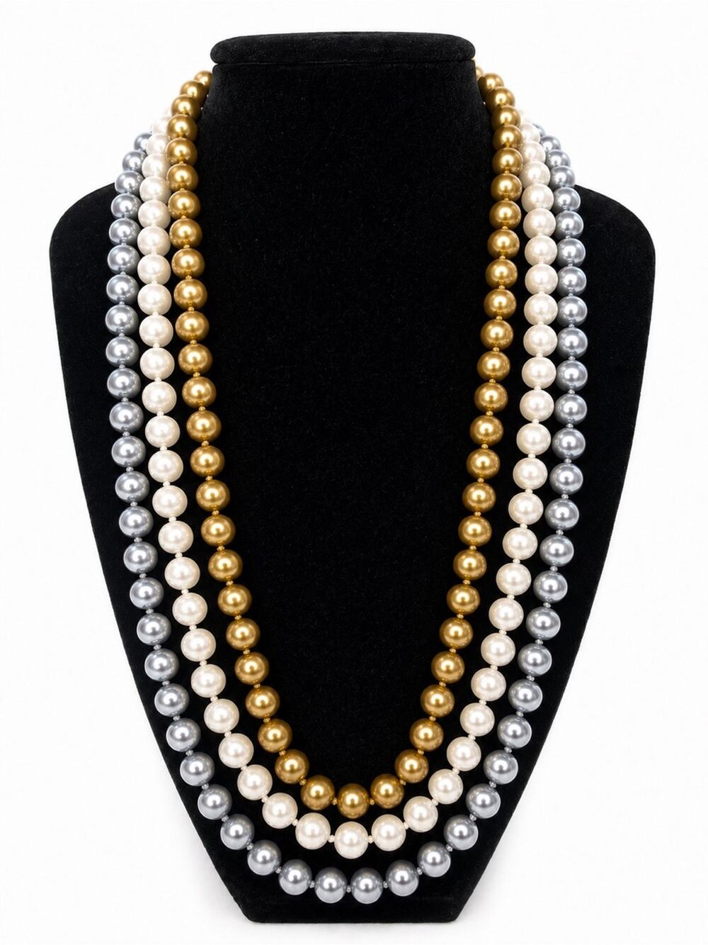 Multi Strand Faux Pearl Statement Necklace Gold Silver Ivory Rhinestone Clasp